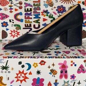 Jeffrey Campbell Navy Leather Pointed Block Heel Pump